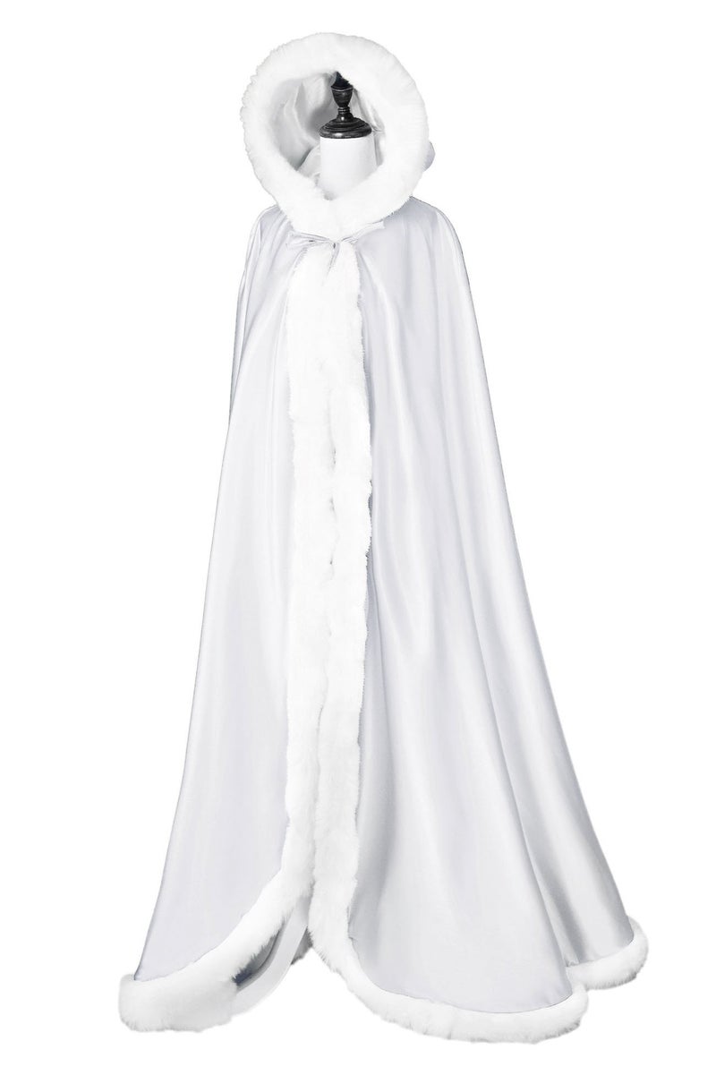 BEAUTELICATE Wedding Cape Hooded Cloak for Bride Winter Reversible with Fur Trim Free Hand Muff Length 55" White - Image 2
